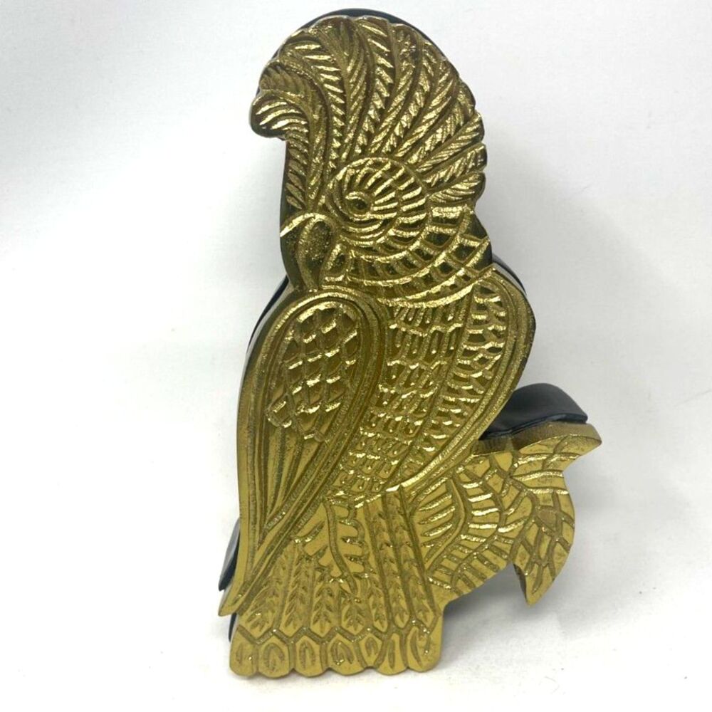 Vintage Gold & Black Brass Bird Parrot Jewel Box Large Lidded Trinket Box 10"